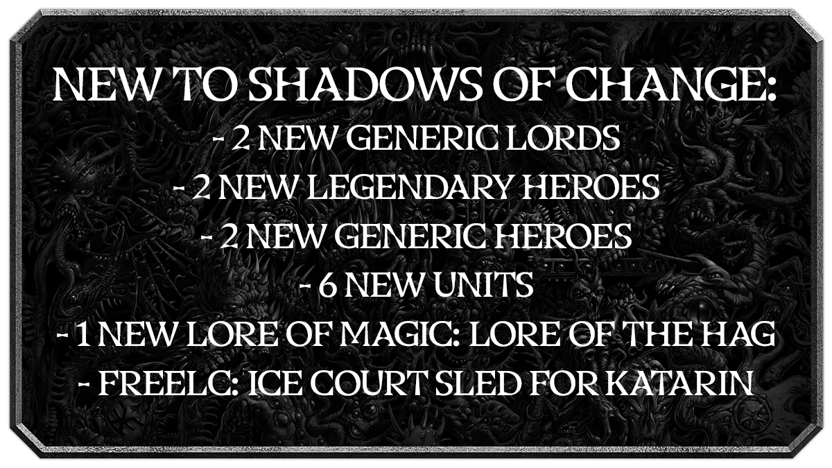 Grey border and textured grey background with header 'New to Shadows of Change:' and bullet points showing 2 new generic lords, 2 new legendary heroes, 2 new generic heroes, 6 new units, 1 new lore of magic: lore of the hag, FREELC: Ice court sled for Katarin