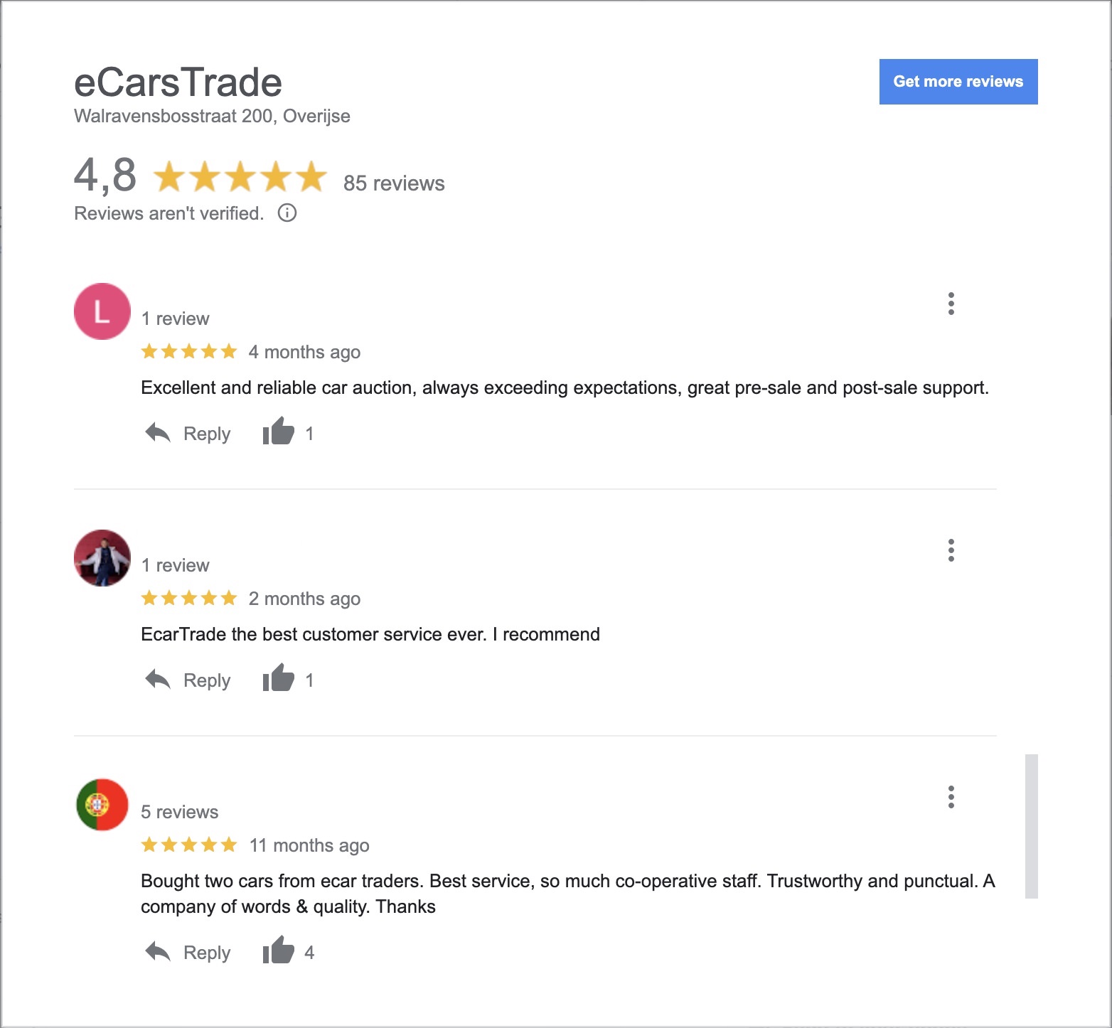 положительные отзывы в Google о бизнесе ecarstrade