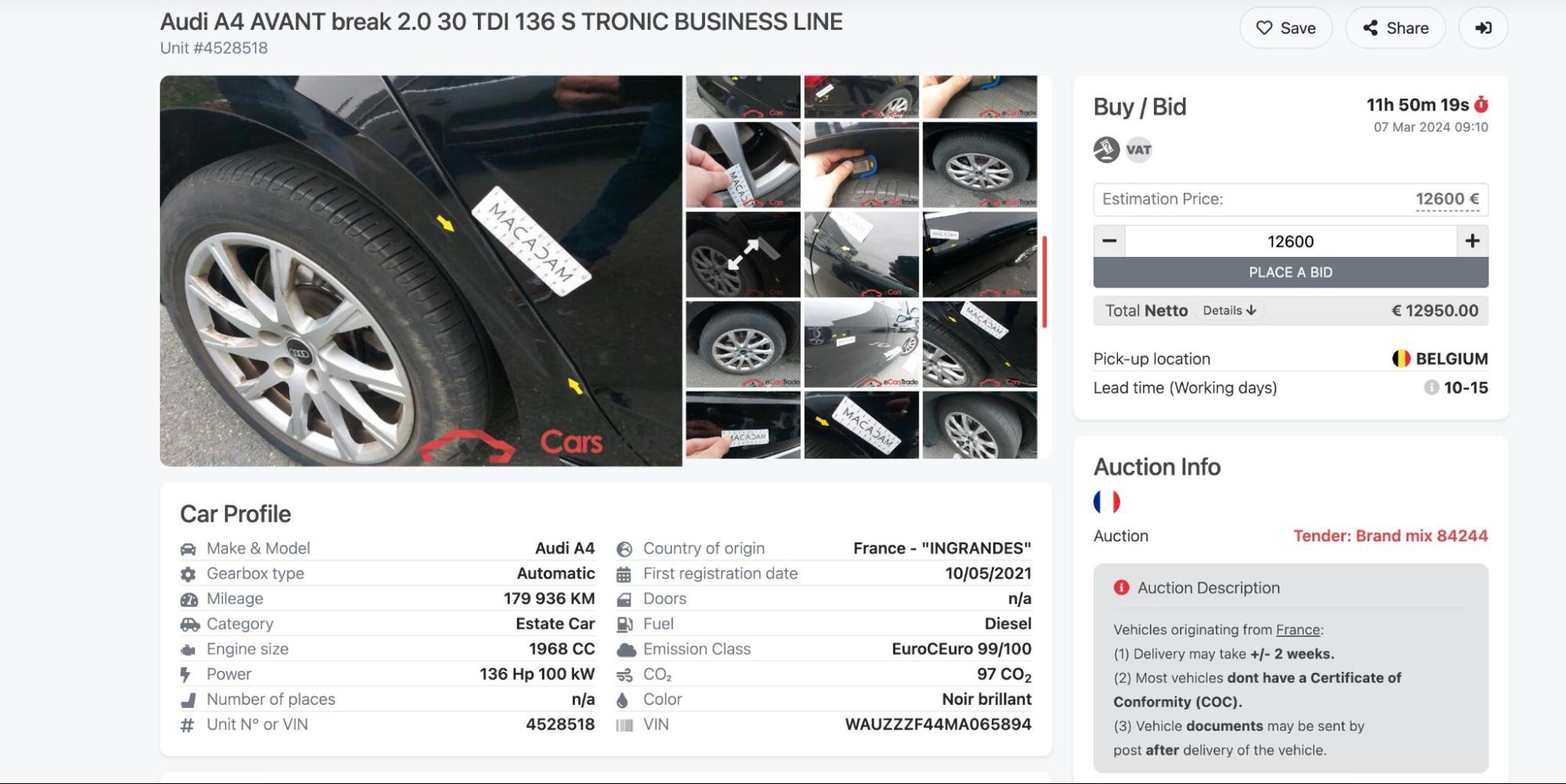 снимок экрана, показывающий фотографии и информацию, доступную для автомобилей на аукционах ecarstrade