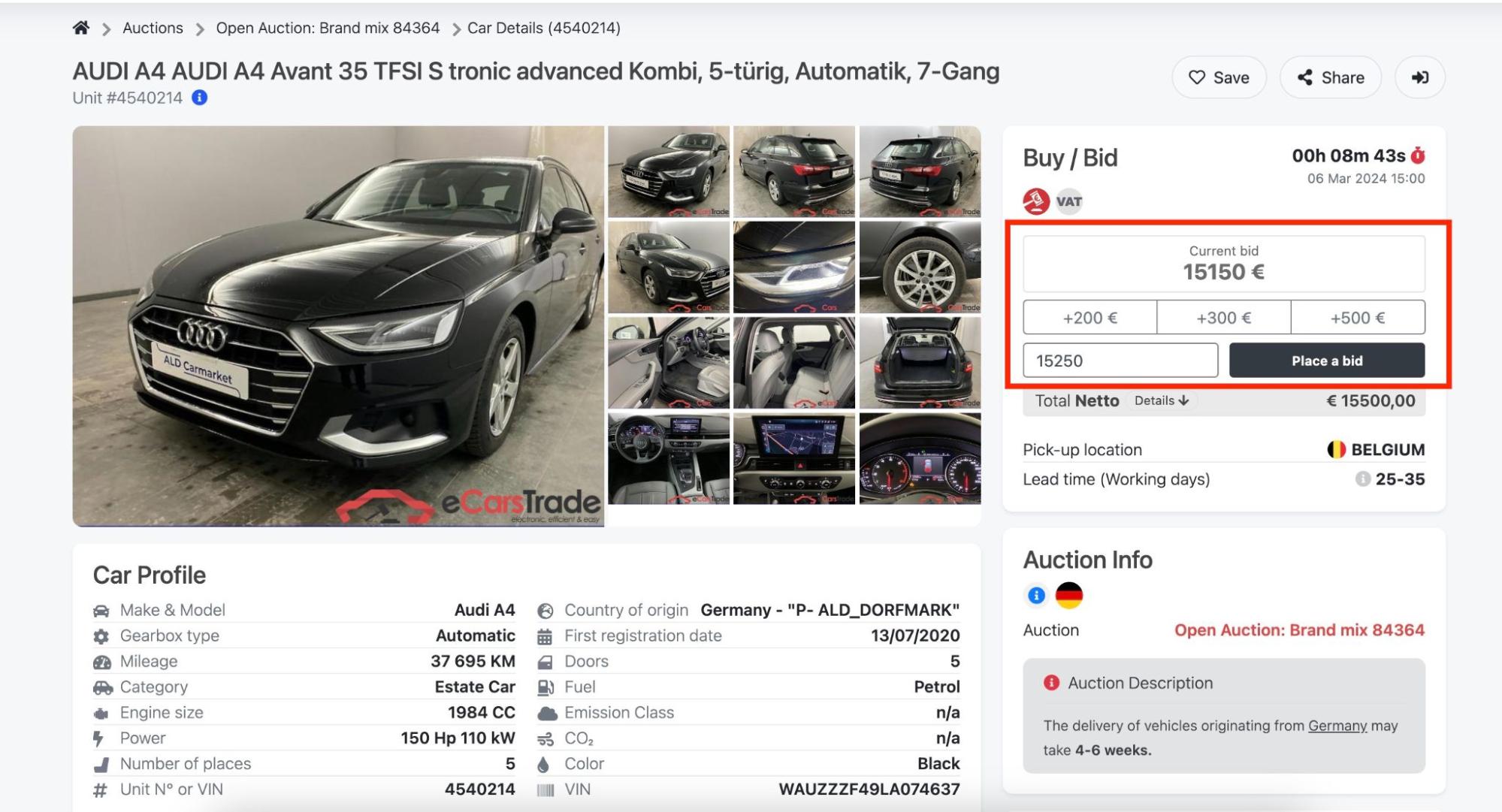 screenshot showing the current bid in an ecarstrade open auction
