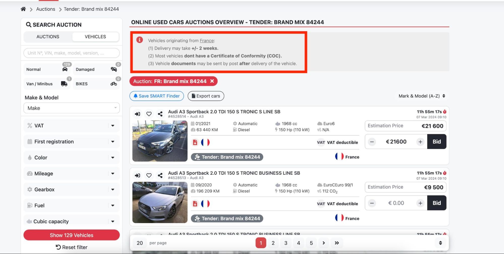 capture d'écran montrant les informations sur les véhicules dans les enchères ecarstrade