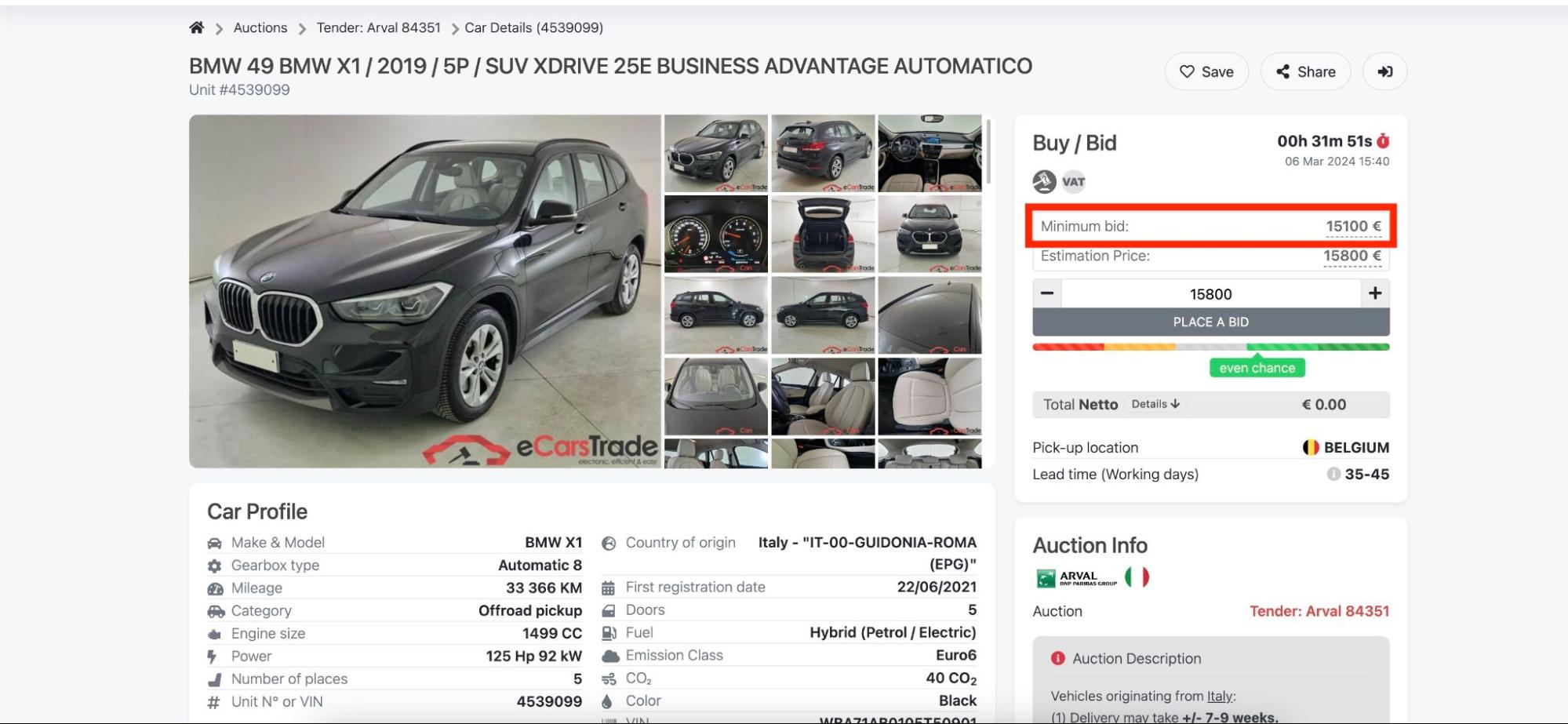 screenshot showing minimum bid in ecarstrade auctions