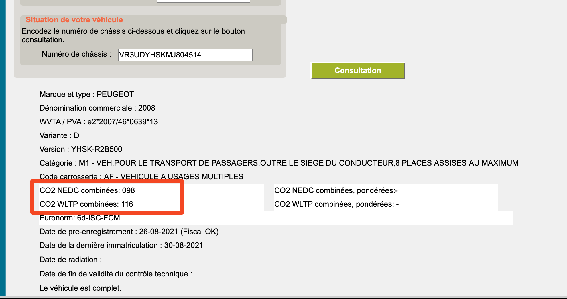 képernyőkép a belga rendszerleíró adatbázisból, amely a nedc és a wltp értékeket mutatja