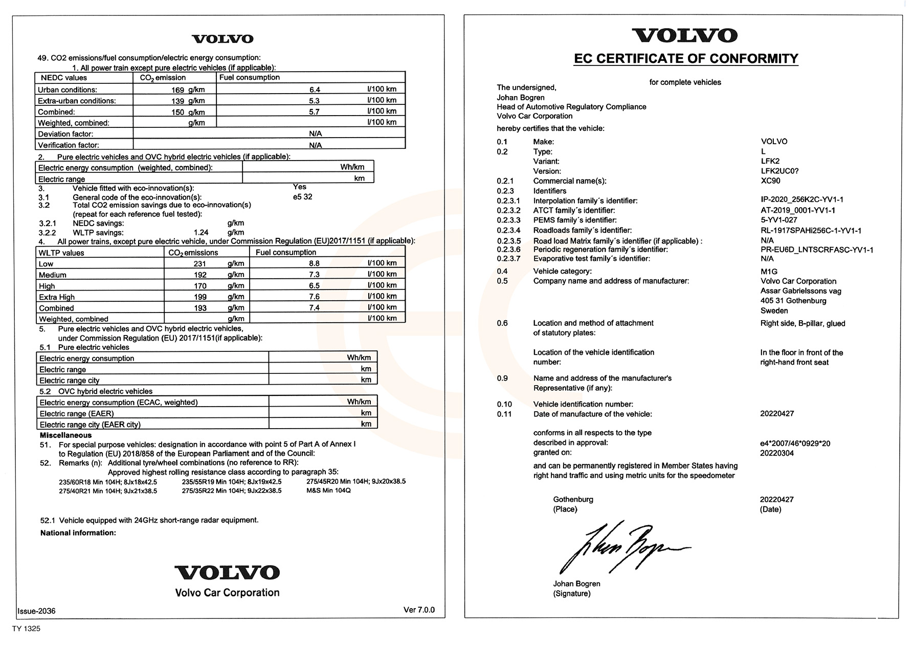 przykład certyfikatu zgodności Volvo