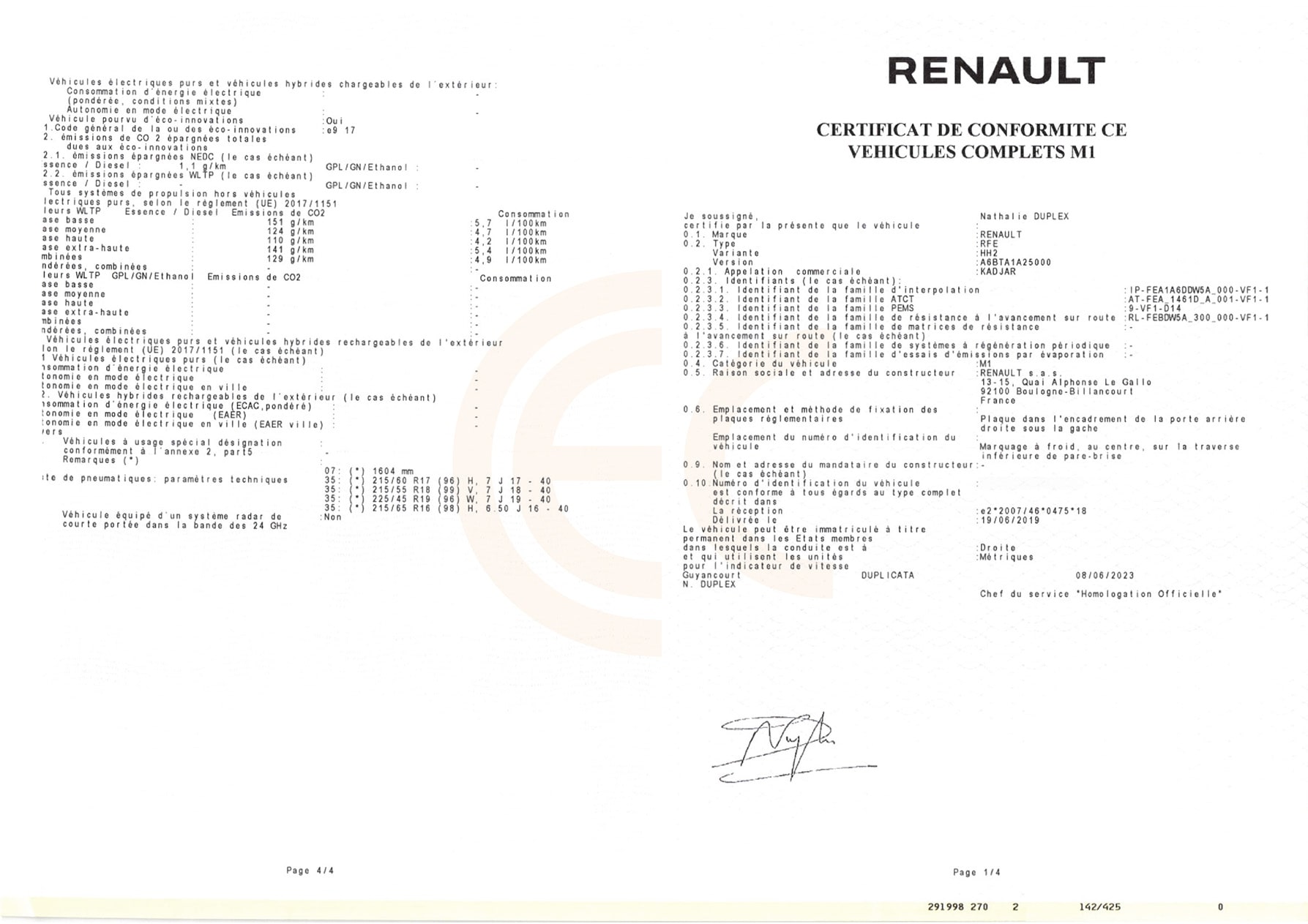 Przykład dokumentu COC dla samochodu Renault.