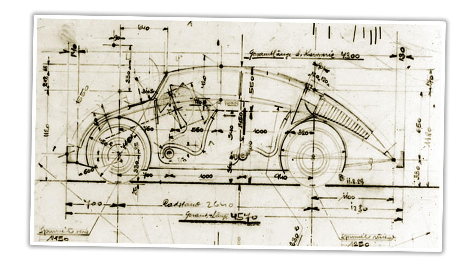 Technický nákres designu vozu Bela Barenyi, který je velmi podobný designu VW Beetle.