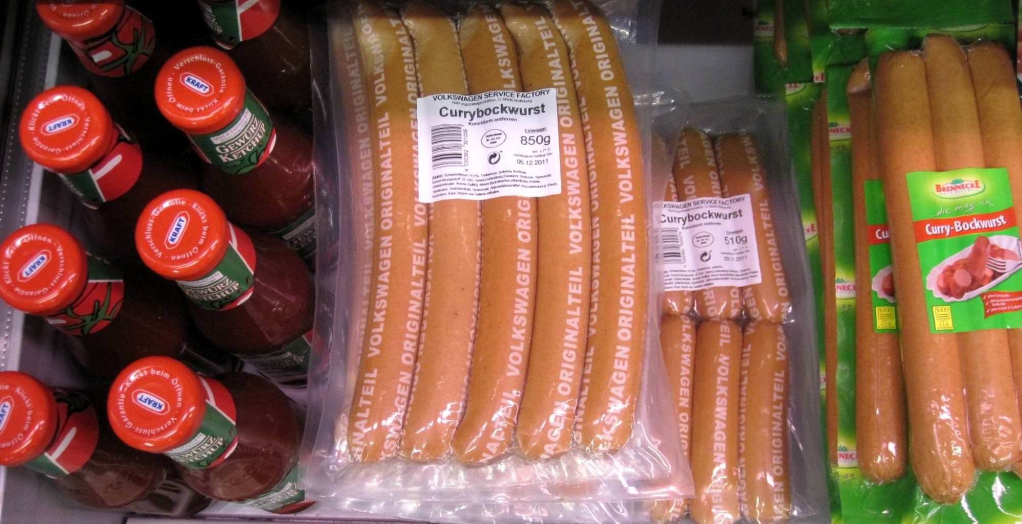 Picture of Volkswagen currywurst in grocery store’s fridge.