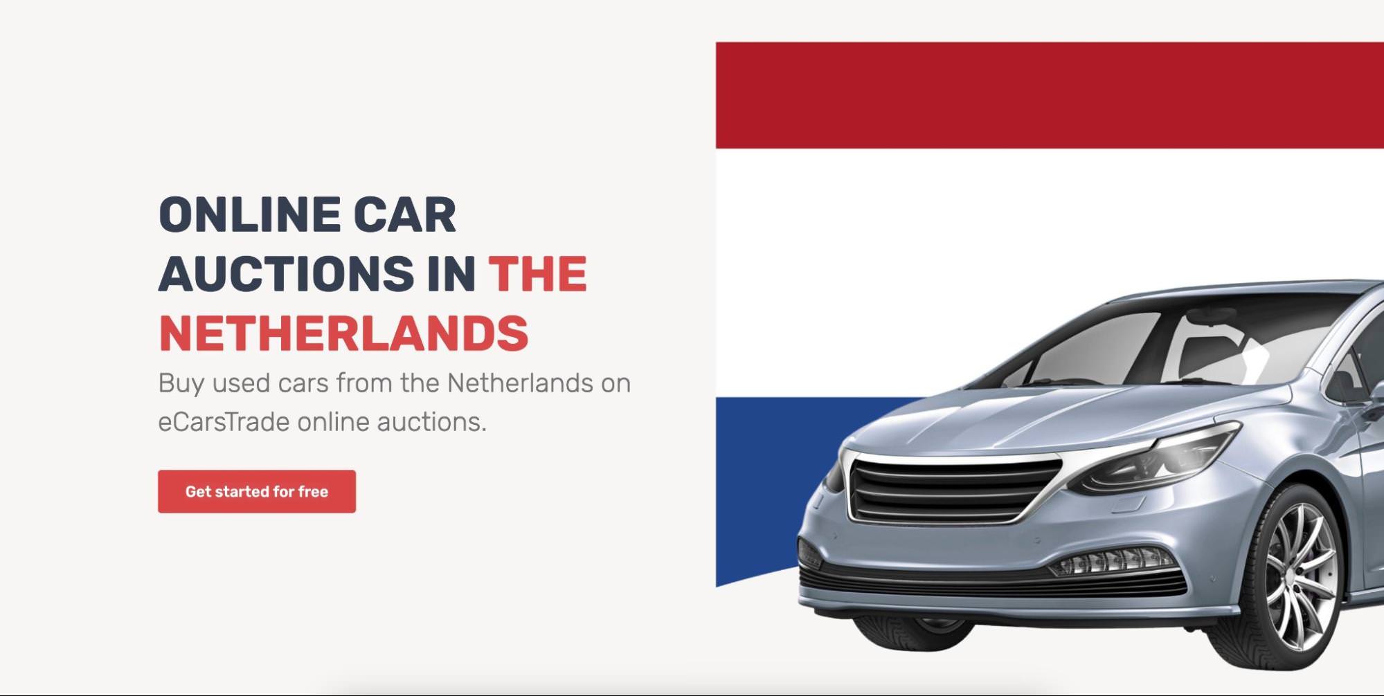 Hero section of Online car auctions in the Netherlands page that allows traders to bid on used Dutch vehicles.