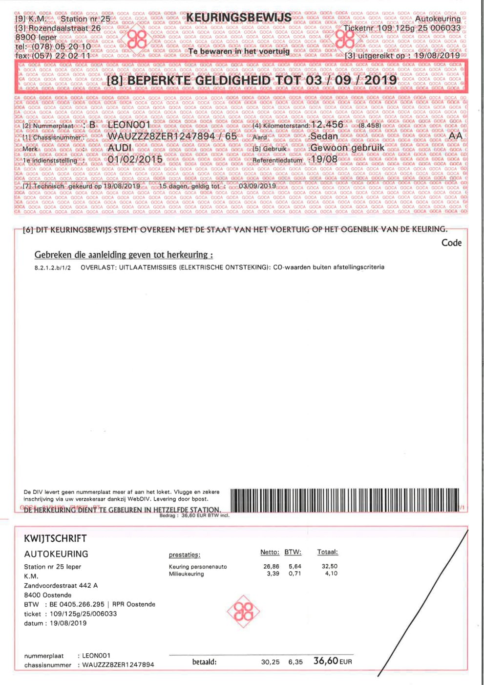 Belgian Roadworthiness Certificate template indicating issues with a vehicle