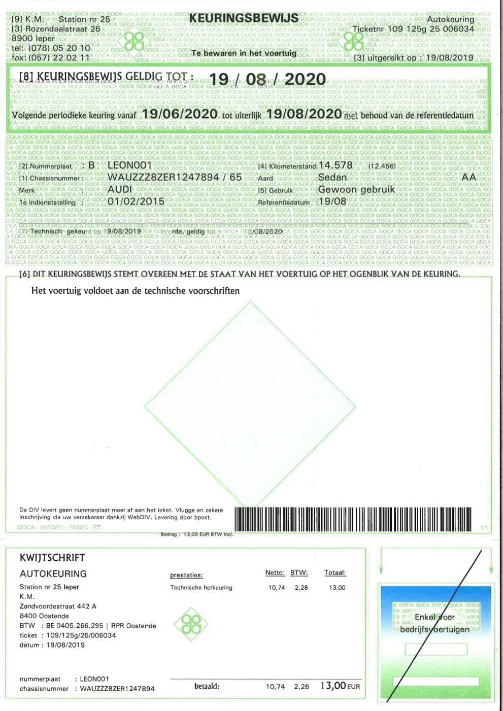 Roadworthiness Certificate template in Belgium