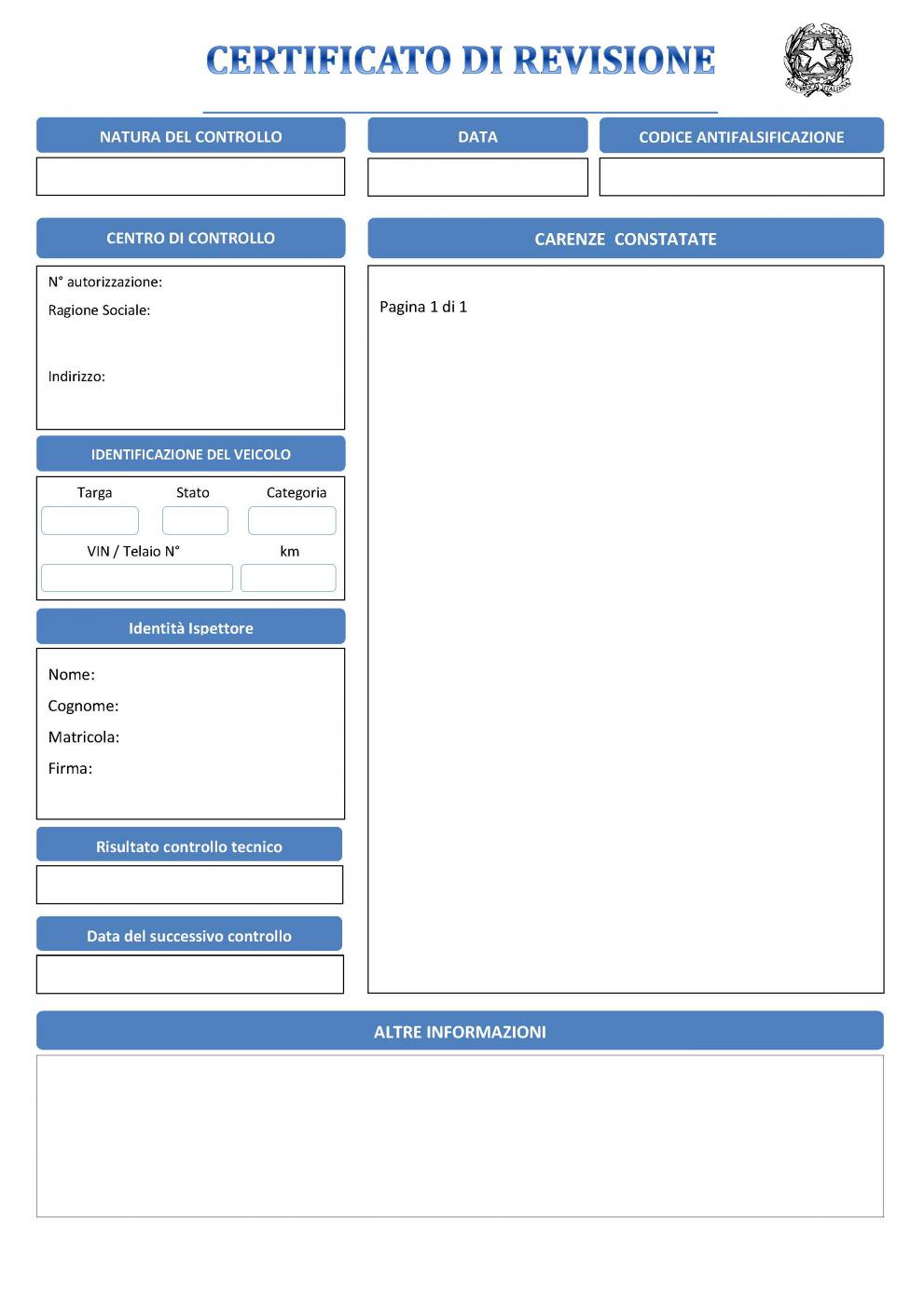 Roadworthiness Certificate template in Italy