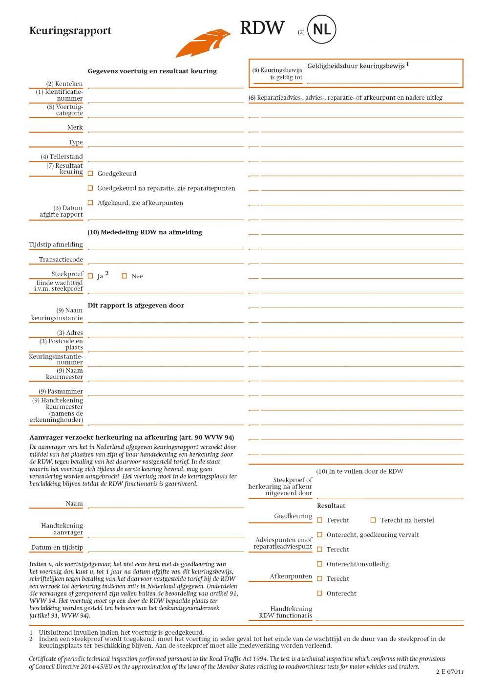 Roadworthiness Certificate template in the Netherlands