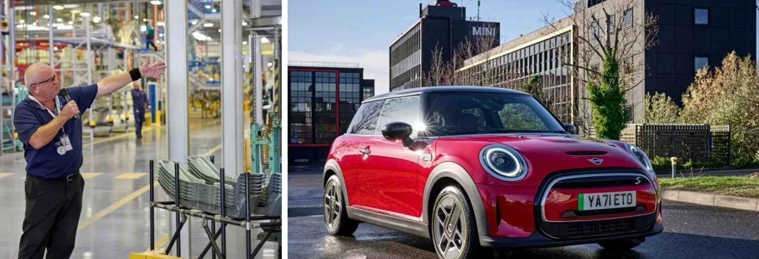 Zusammengesetztes Bild, das zwei Szenen aus der Mini-Autoproduktion zeigt. Links ist ein Arbeiter in einem blauen Hemd in einer Fabrik zu sehen. Rechts ist ein leuchtend roter moderner Mini Cooper vor einem Industriegebäude geparkt, das wahrscheinlich zum Werk in Oxford gehört.