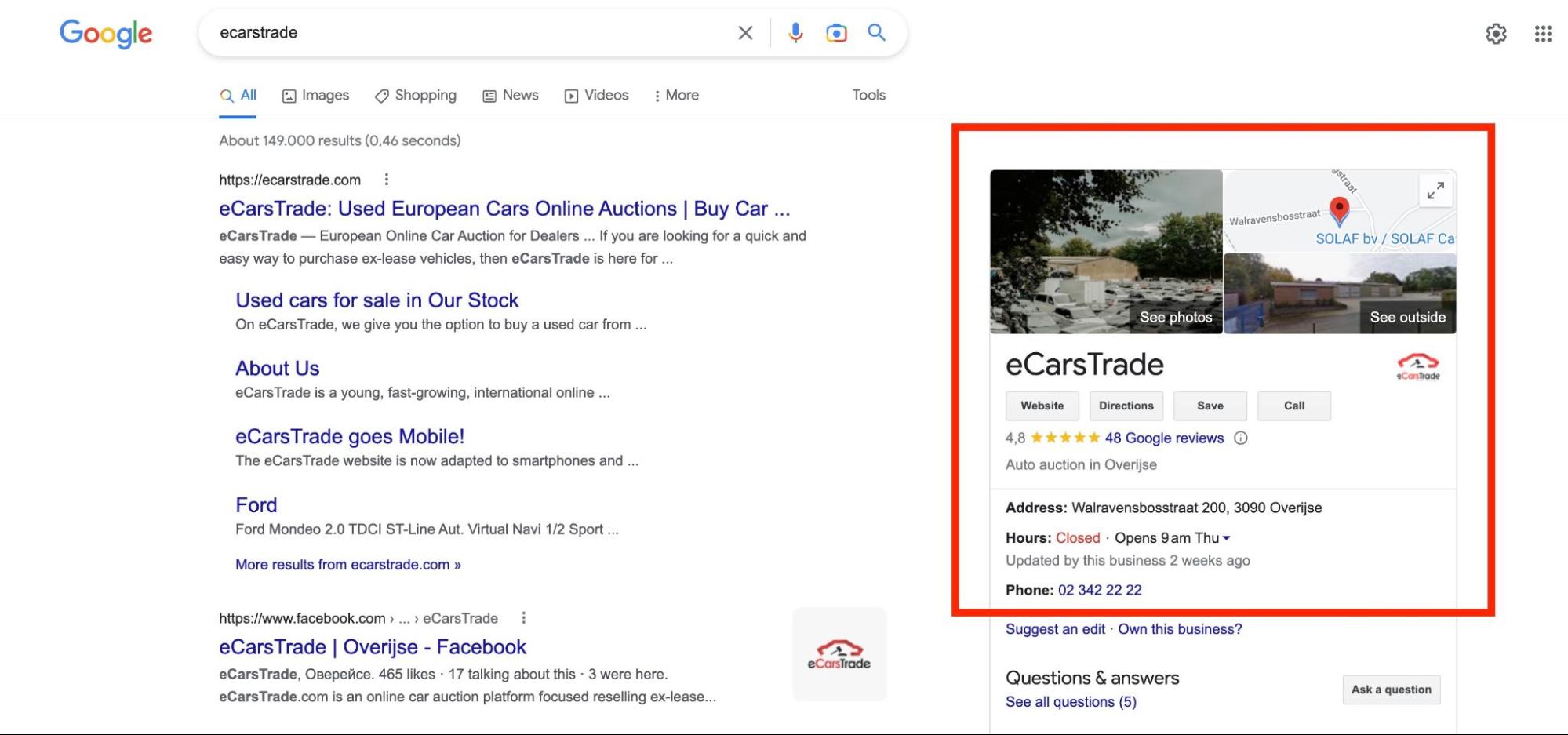 Google search results showing eCarsTrade's Business Profile listing.