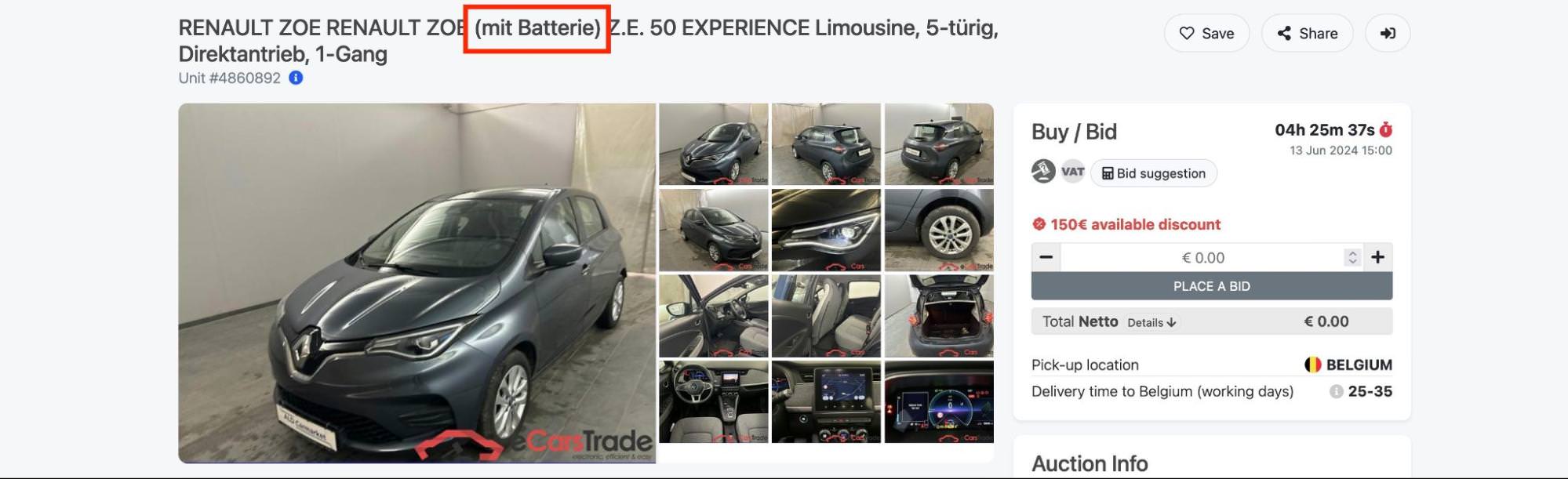 A screenshot from eCarsTrade showing a listing for a Renault Zoe electric vehicle. The listing prominently displays 'mit Batterie' (with battery) in the title, indicating that this vehicle includes the battery rather than requiring a separate lease.