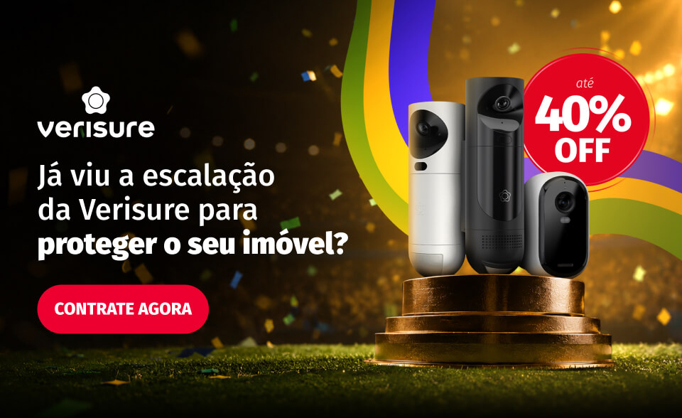 Câmeras de segurança Verisure sobre pódio dourado com a oferta de até 40% OFF. Texto: Já viu a escalação da Verisure para proteger o seu imóvel? Contrate agora.