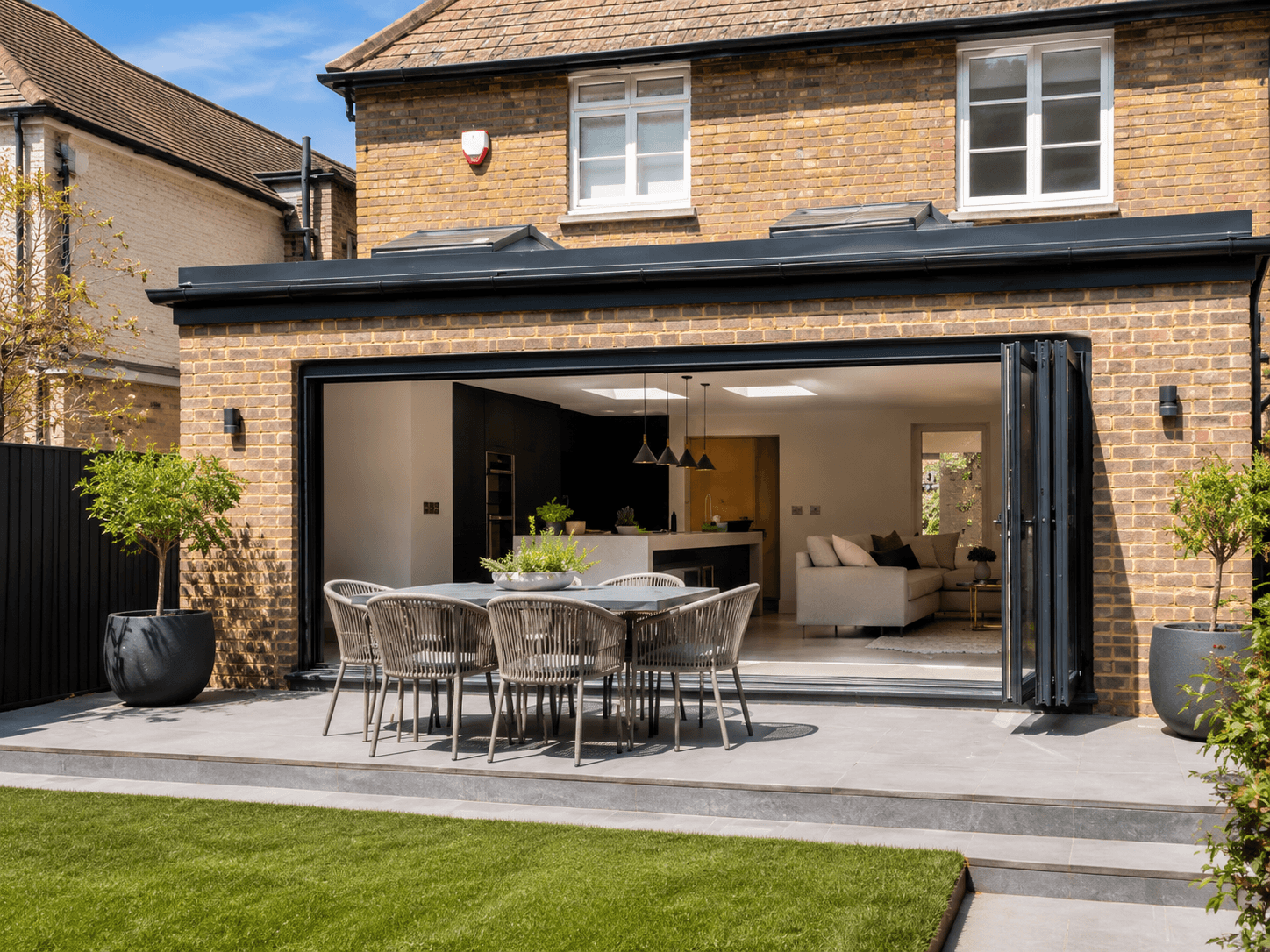 Modern home extension with open patio doors