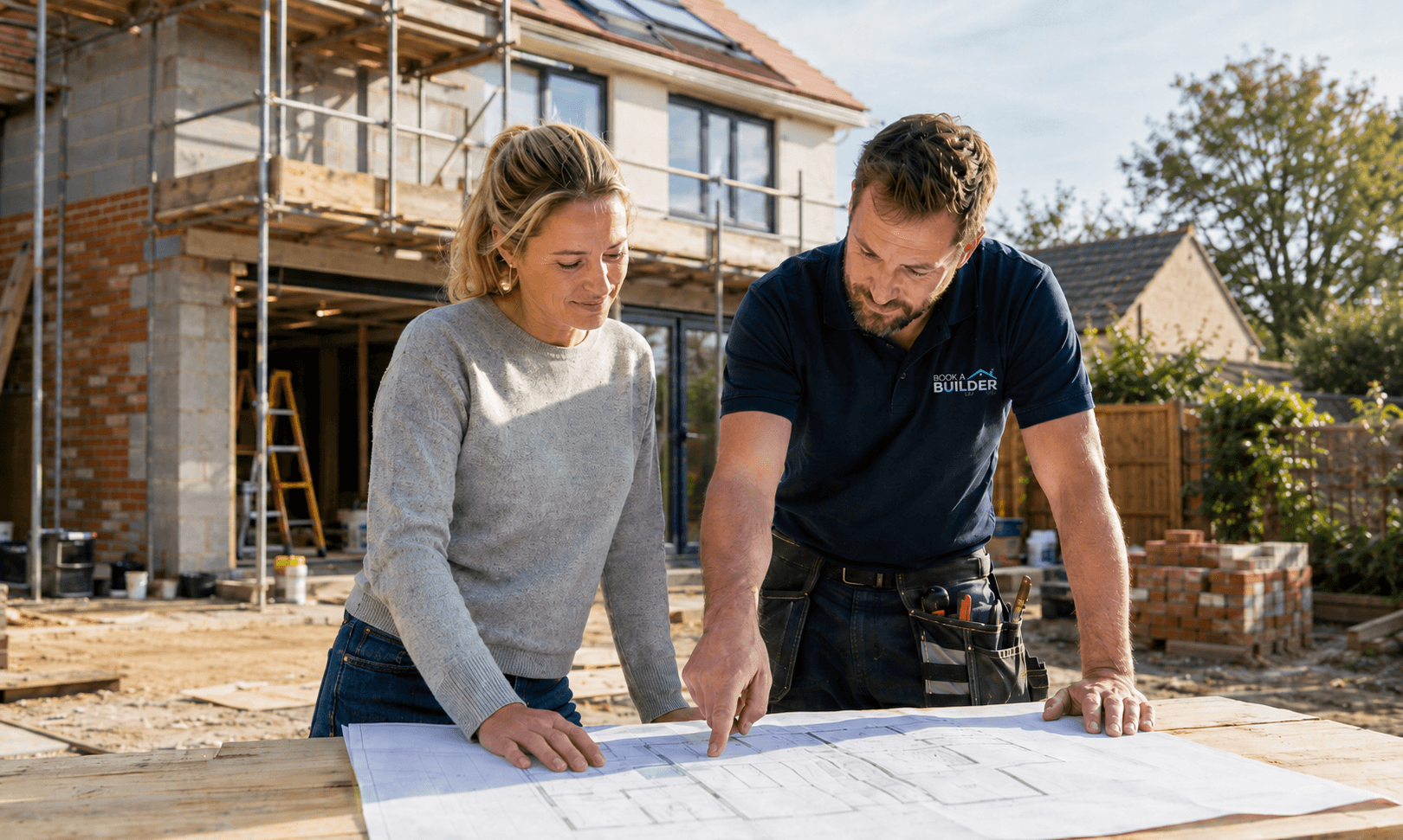 Homeowner and builder reviewing plans on site