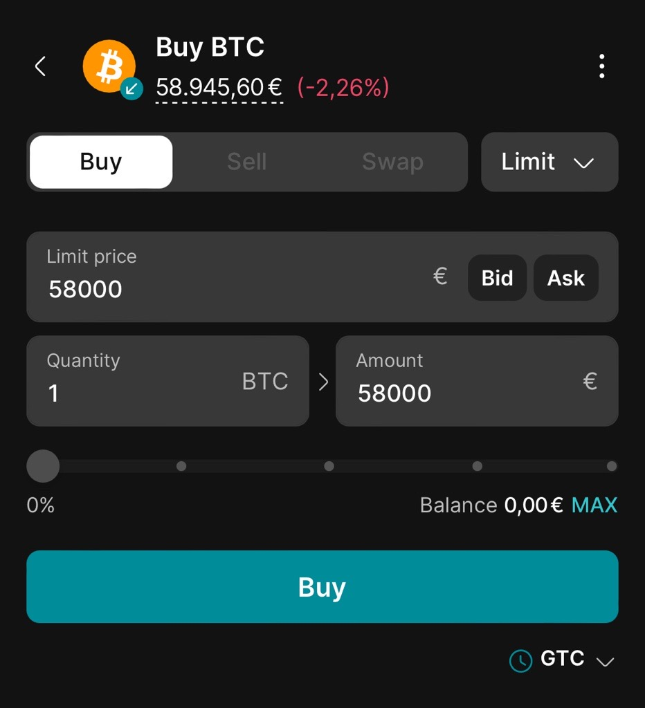 Placing a limit order to buy Bitcoin