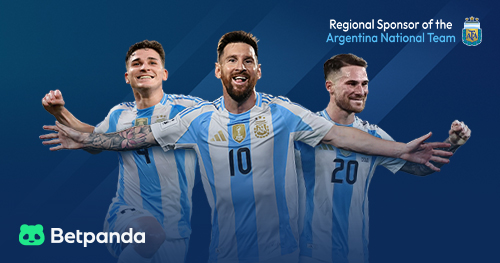 Three Argentina players in blue and white jerseys with Betpanda branding