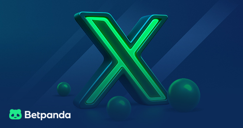 Neon-style green X with round shapes on blue background.