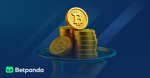 Stack of digital coins on tray with blue background