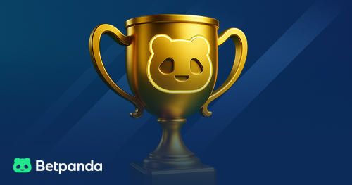 Metallic trophy with panda face design on dark geometric background