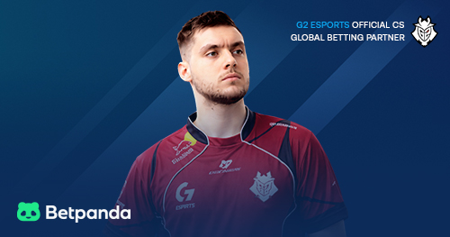 Portrait composition centered on a red G2 Esports jersey