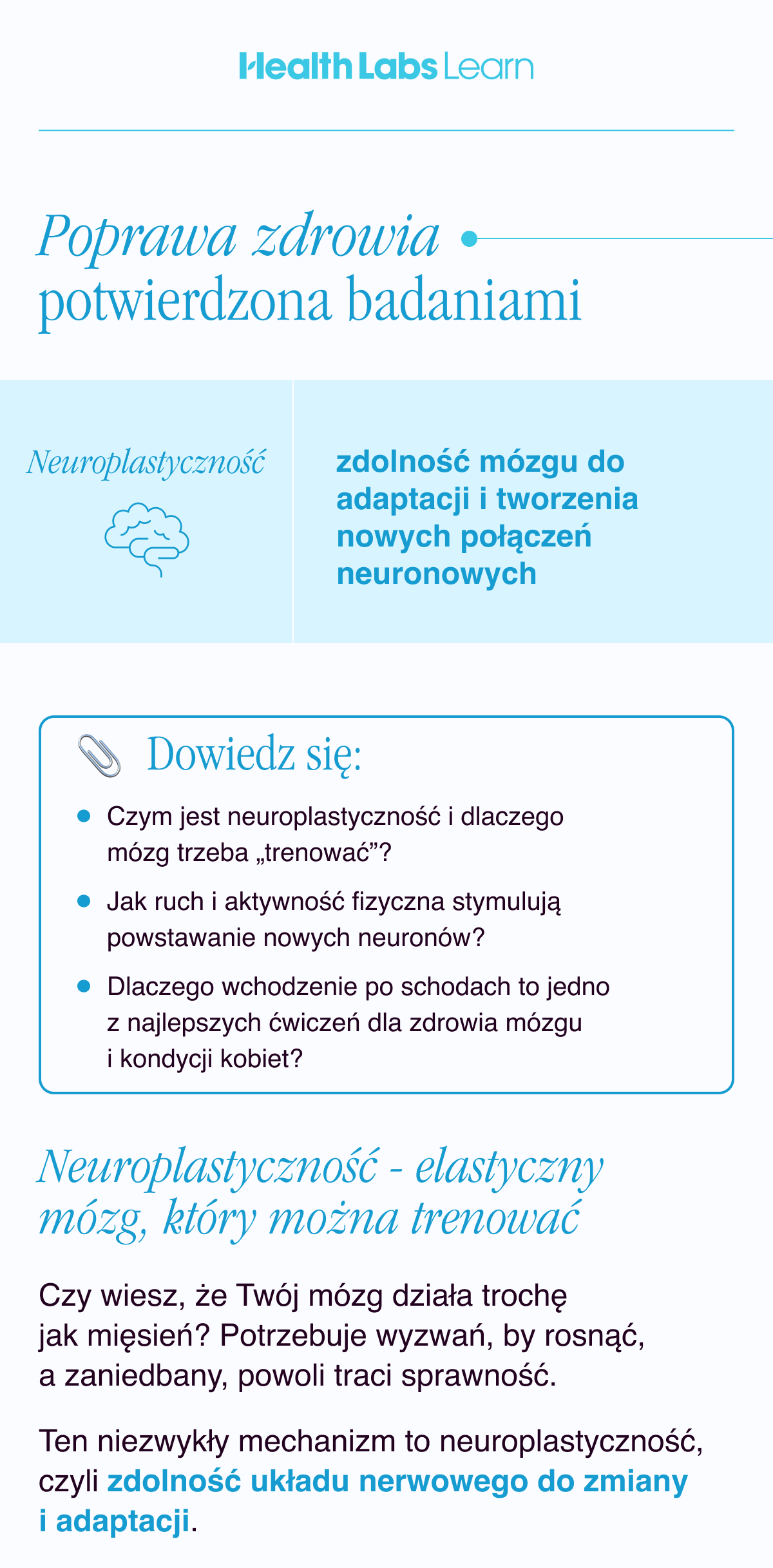 Poprawa zdrowia potwierdzona badaniami. Nauroplastyczność - zdolność mózgu do adaptacji i tworzenia nowych połączeń neuronowych. Dowiedz się: Czym jest neuroplastyczność i dlaczego mózg trzeba „trenować”? Jak ruch i aktywność fizyczna stymulują powstawanie nowych neuronów? Dlaczego wchodzenie po schodach to jedno z najlepszych ćwiczeń dla zdrowia mózgu i kondycji kobiet. Neuroplastyczność - elastyczny mózg, który można trenować. Czy wiesz, że Twój mózg działa trochę jak mięsień? Potrzebuje wyzwań, by rosnąć, a zaniedbany, powoli traci sprawność. Ten niezwykły mechanizm to neuroplastyczność, czyli zdolność układu nerwowego do zmiany i adaptacji.