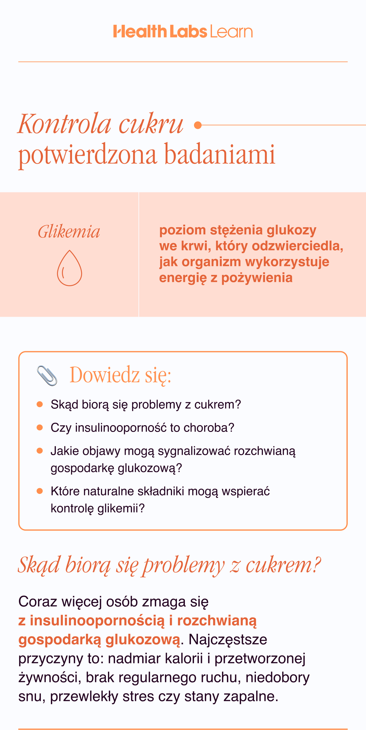 Kontrola cukru potwierdzona badaniami. Glikemia - poziom stężenia glukozy we krwi, który odzwierciedla, jak organizm wykorzystuje energię z pożywienia.Dowiedz się: Skąd biorą się problemy z cukrem? Czy insulinooporność to choroba? Jakie objawy mogą sygnalizować rozchwianą gospodarkę glukozową? Które naturalne składniki mogą wspierać kontrolę glikemii? Skąd biorą się problemy z cukrem? Coraz więcej osób zmaga się z insulinoopornością i rozchwianą gospodarką glukozową. Najczęstsze przyczyny to: nadmiar kalorii i przetworzonej żywności, brak regularnego ruchu, niedobory snu, przewlekły stres czy stany zapalne.