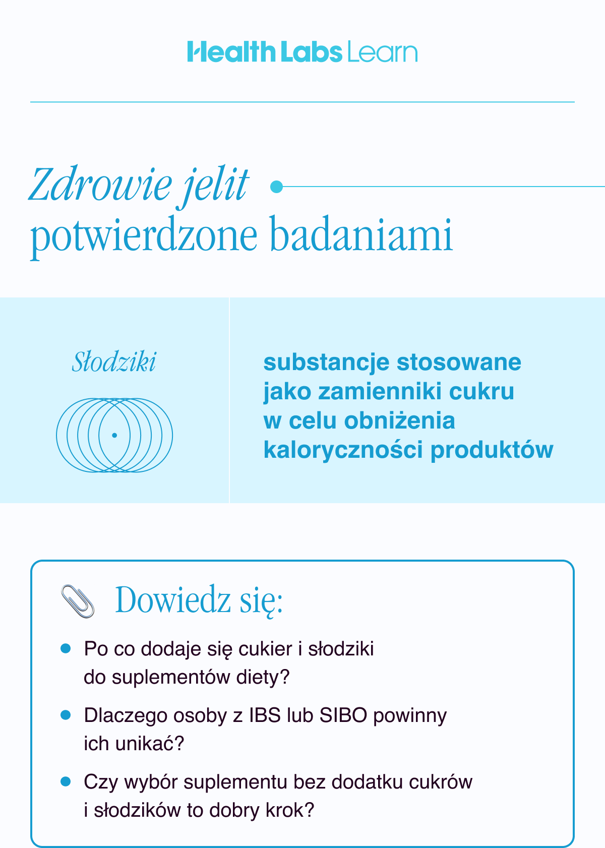 Zdrowie jelit potwierdzone badaniami. Słodziki - substancje stosowane jako zamienniki cukru w celu obniżenia kaloryczności produktów. Dowiedz się: Po co dodaje się cukier i słodziki do suplementów diety? Dlaczego osoby z IBS lub SIBO powinny ich unikać? Czy wybór suplementu bez dodatku cukrów i słodzików to dobry krok?