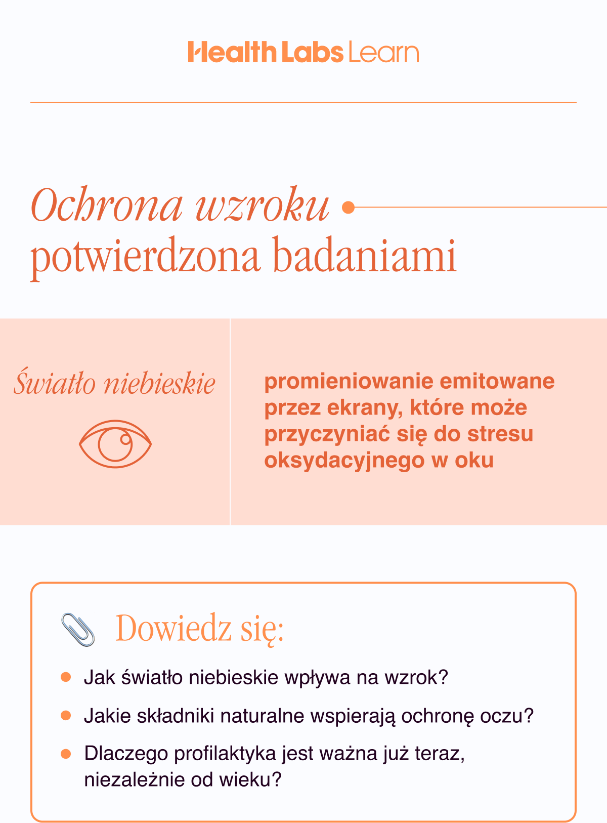 Ochrona wzroku potwierdzona badaniami. Światło niebieskie - promieniowanie emitowane przez ektrany, któe może przyczyniać się do stresu oksydacyjnego w oku. Dowiedz się: Jak światło niebieskie wpływa na wzrok? Jakie składniki naturalne wspierają ochronę oczu? Dlaczego profilaktyka jest ważna już teraz, niezależnie od wieku?
