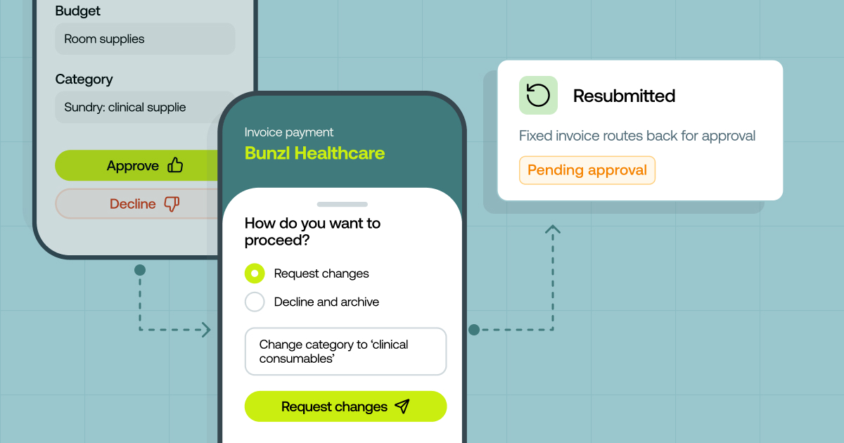 Mobile approval screen for an invoice payment, with a resubmitted status card