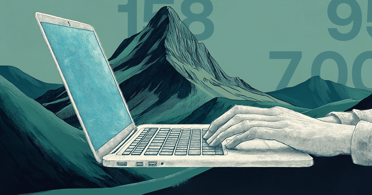 Layered illustration of man reading on laptop