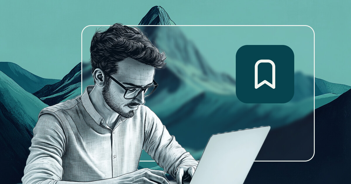 Layered illustration of man reading on laptop