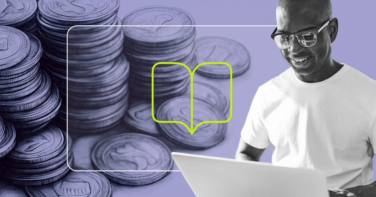 Layered illustration of man reading on laptop