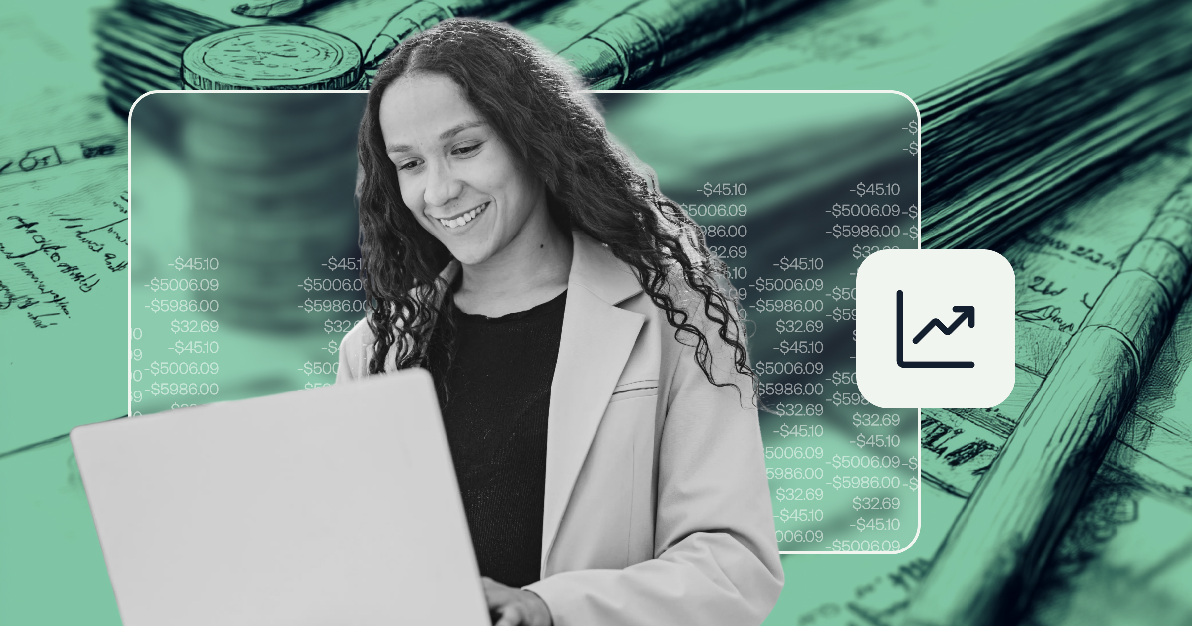 Layered illustration of man reading on laptop