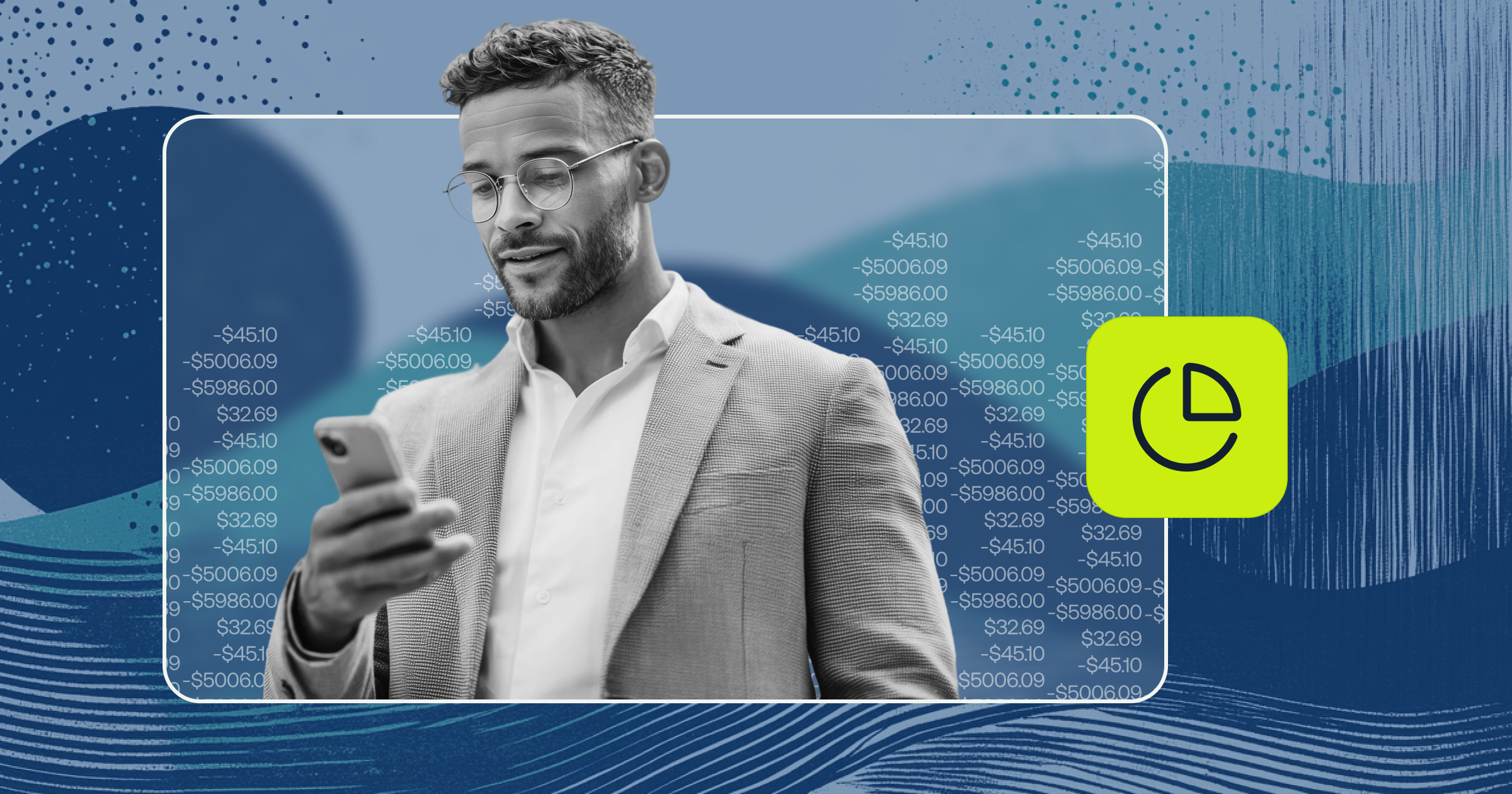 Layered illustration of man reading on laptop