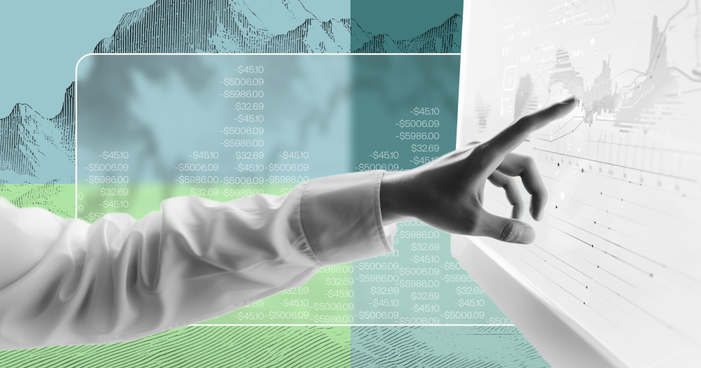 Layered illustration of man reading on laptop