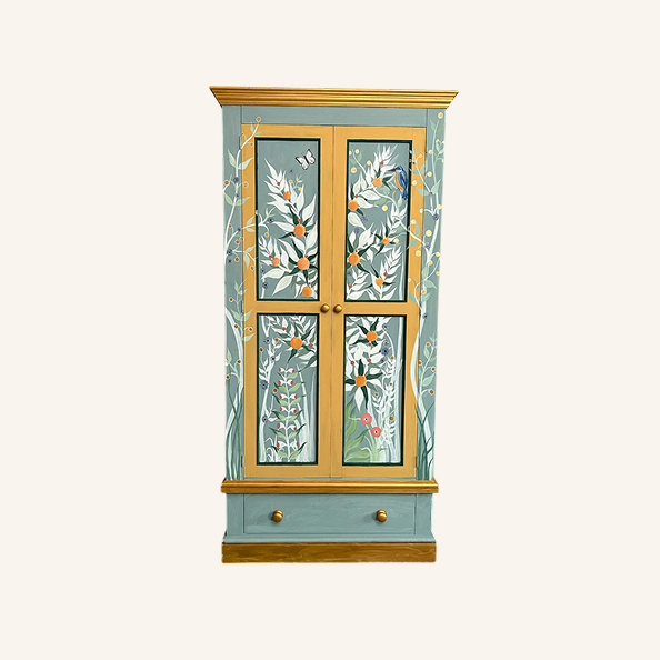 Hand Painted Chinoiserie Wardrobe with Kingfisher & Botanical Design