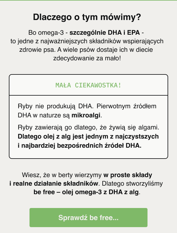 Dlaczego o tym mówimy? Bo omega-3 - szczególnie DHA i EPA - to jedne z najważniejszych składników wspierających zdrowie psa. A wiele psów dostaje ich w diecie zdecydowanie za mało! MAŁA CIEKAWOSTKA! Ryby nie produkują DHA. Pierwotnym źródłem DHA w naturze są mikroalgi. Ryby zawierają go dlatego, że żywią się algami. Dlatego olej z alg jest jednym z najczystszych i najbardziej bezpośrednich źródeł DHA. Wiesz, że w berty wierzymy w proste składy i realne działanie składników. Dlatego stworzyliśmy be free – olej omega-3 z DHA z alg. Sprawdź be free...